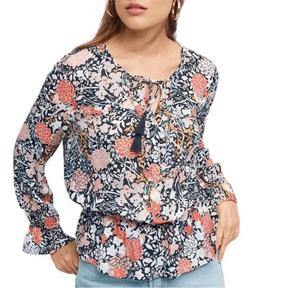 ANTHRO MAEVE PUFF SLEEVE BEGONIA PEPLUM FLORAL COTTAGE TASSEL TIES TOP M